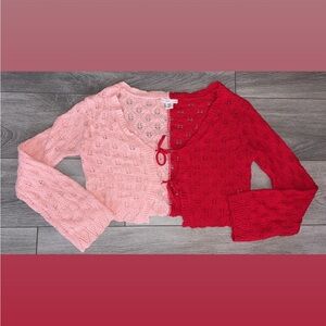 Sincerely Jules Size Medium Color Block Crochet Cropped Cardigan Pink Red EUC
